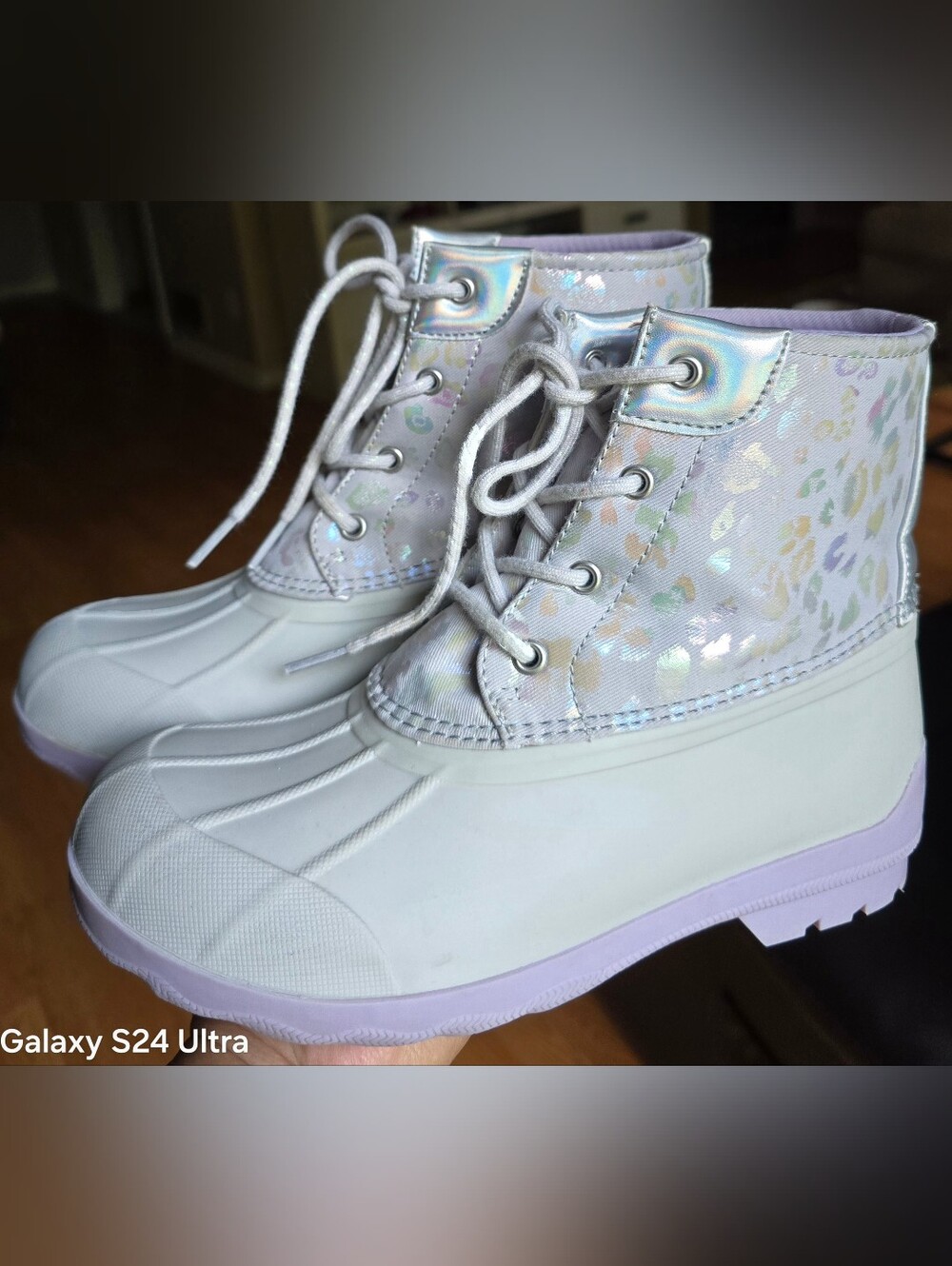 Sz 4 Big Girl's SPERRY POR BOOT Grey Metallic Leopard Print Iridescent